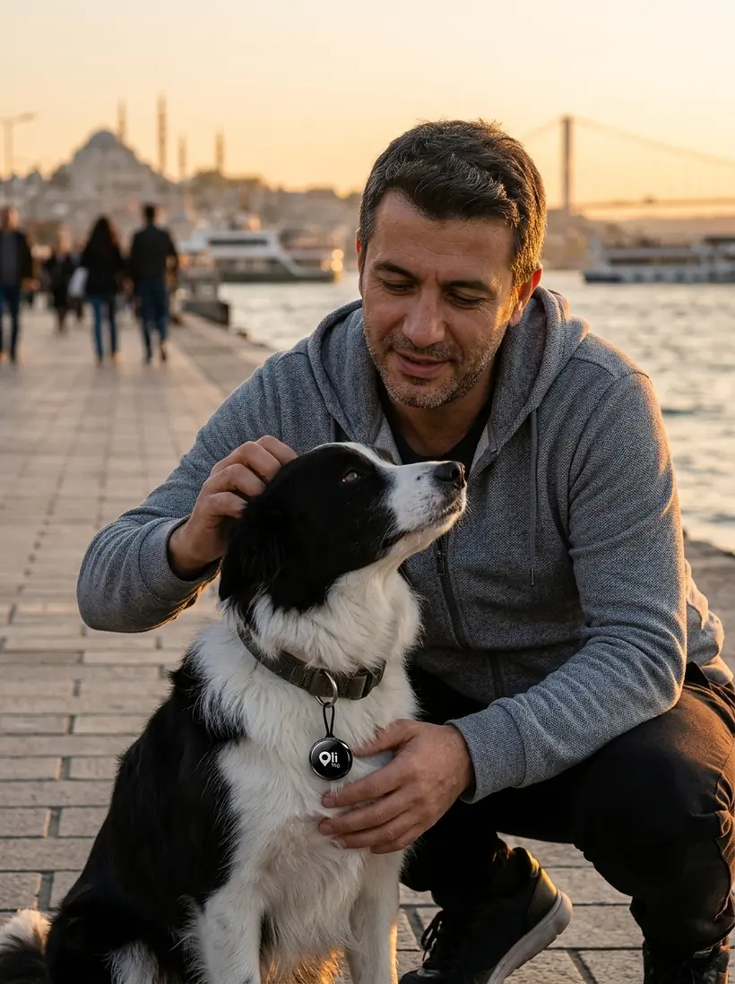 Sahilde köpeğini seven adam, tasmada Olitag